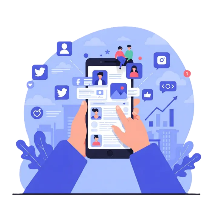 A person using social media to find a lawyer and reviews.