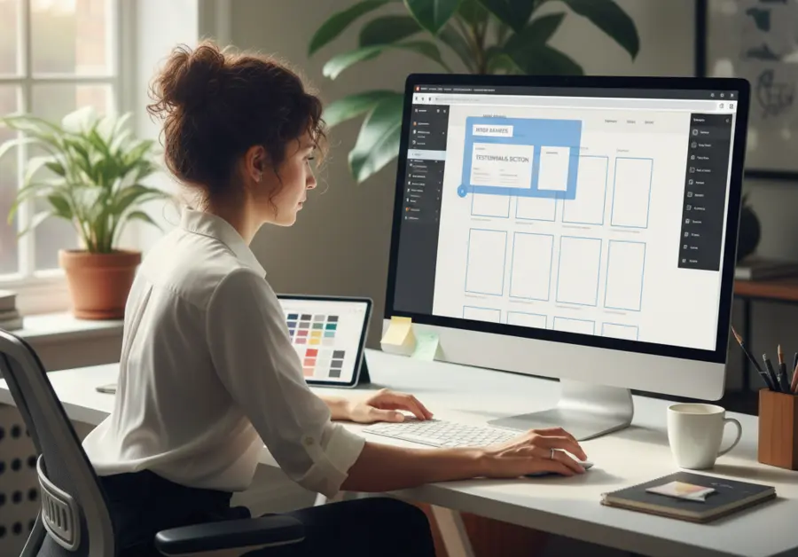 Web designer using a drag and drop interface to design a website.