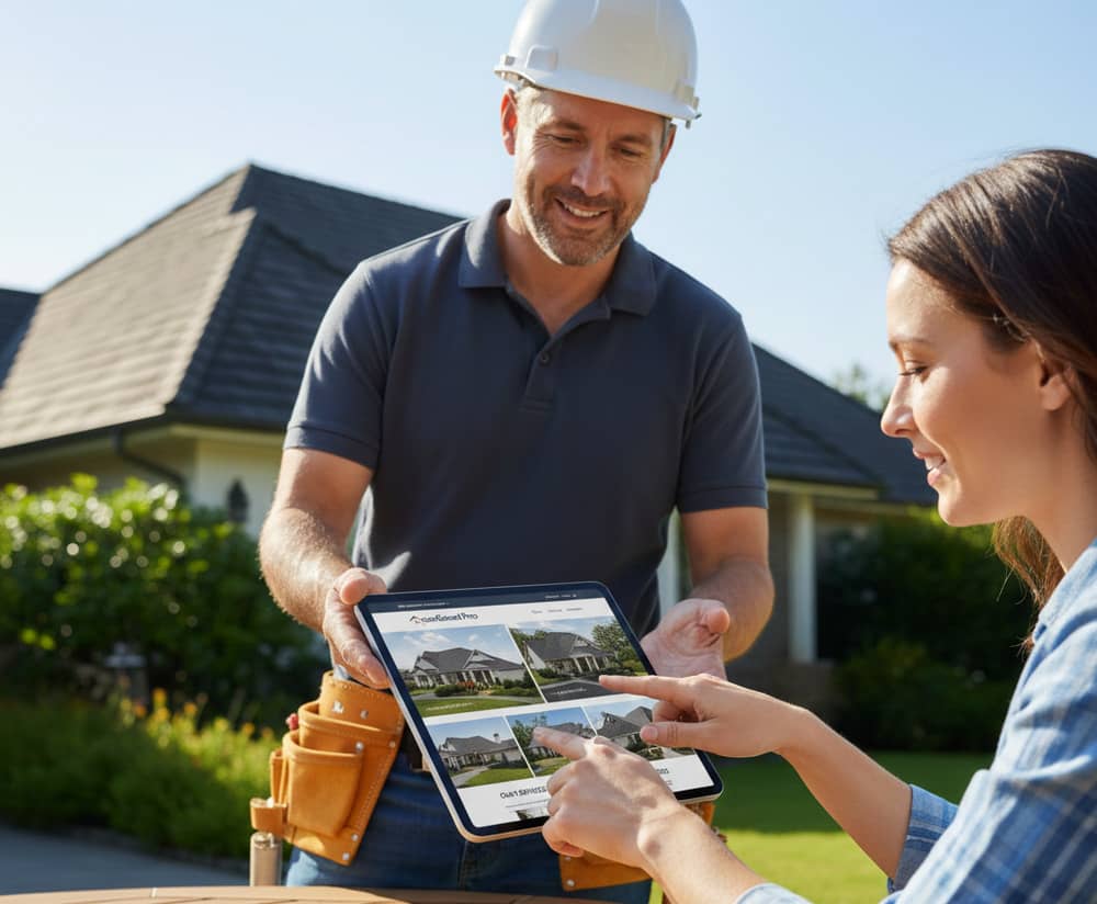 Professional roofing contractor and homeowner reviewing a high-quality roofing company website on a desktop computer, demonstrating professional web design for contractors.