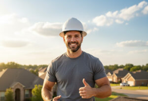 Happy roofer working on site.